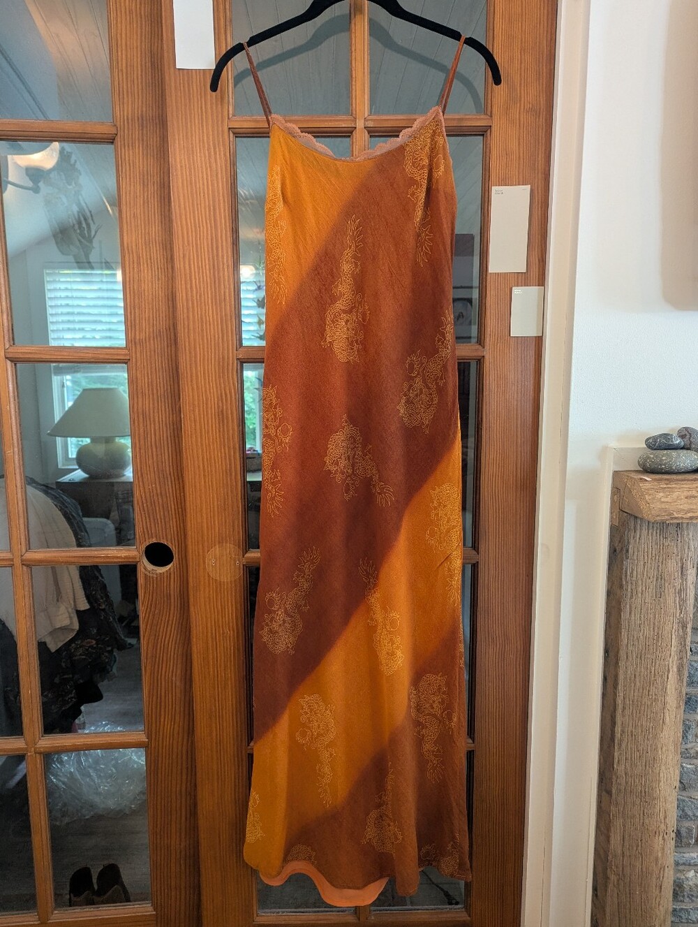 90s Grunge Slip Dress Gold Burnt Orange Dragon Print 6